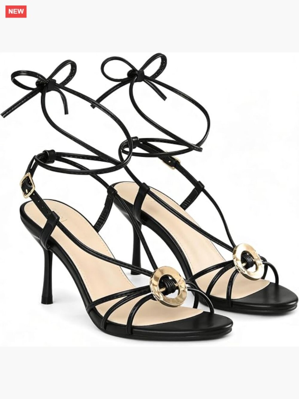 Strappy Stiletto Heel Sandals, Lace Up Open Toe, Faux Leather